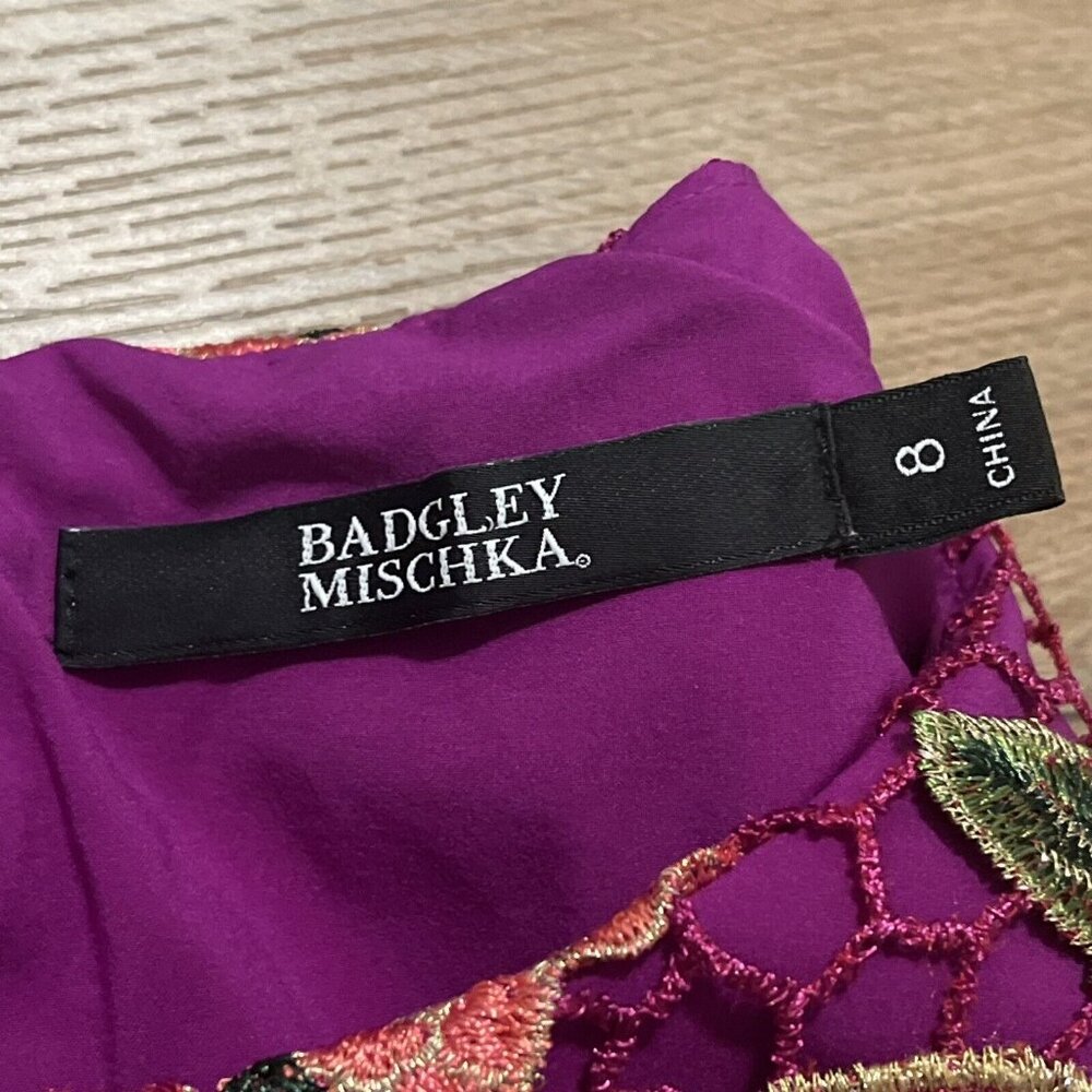 Women's Badgley Mischka Sheath Dress SZ 8 Purple Floral Overlay Sleeveless - Picture 6 of 11